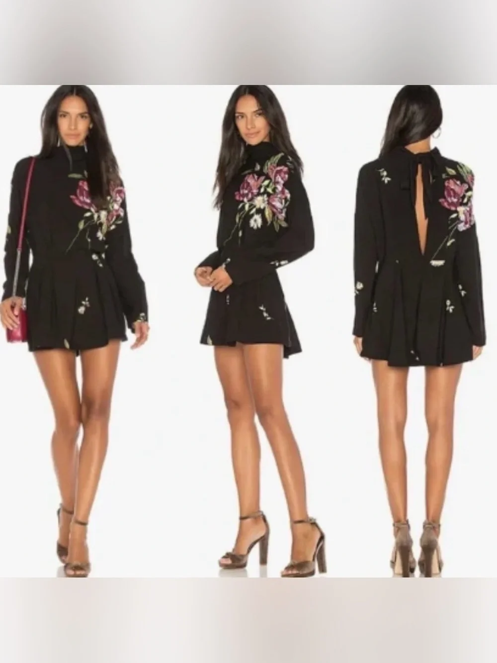 Free People Gemma Tunic Dress Small Black Floral Open Back Mini